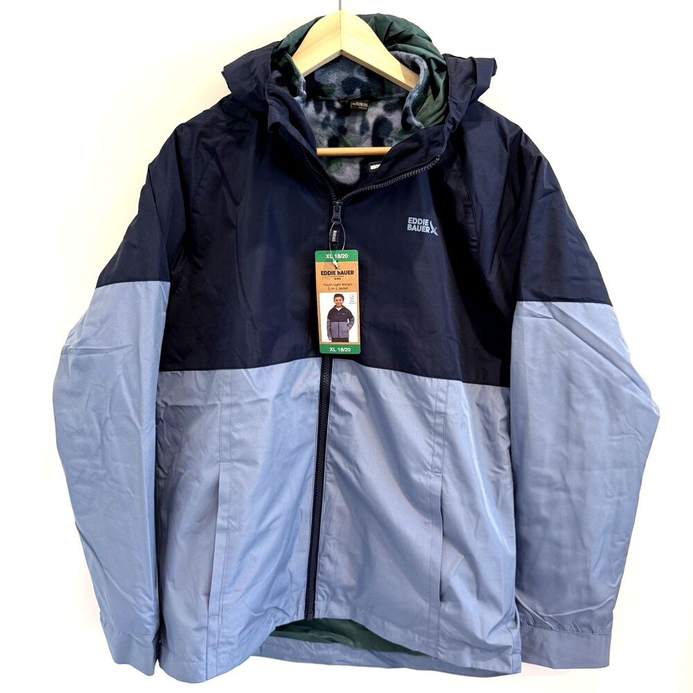 NWT Eddie Bauer Coat Boys Sz 18/20 XL Blue 3-in-1 Jacket Camo Zip In Fleece Hood